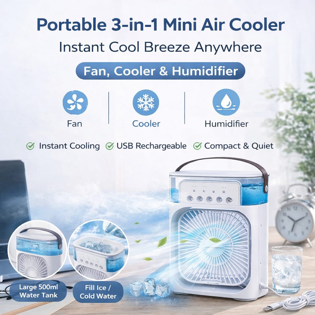 ❄️ Portable 3-in-1 Mini Air Cooler Fan 💨 (USB Rechargeable | Cooling + Humidifier 💧)